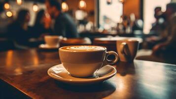 Dort ist ein Tasse von Kaffee auf ein Untertasse auf ein Tisch. generativ ai. foto