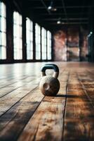 Kettlebells und Hanteln auf Fitnessstudio Fußboden Hintergrund mit leeren Raum zum Text foto