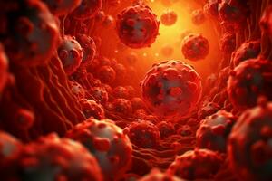 mikroskopisch von rot Virus Bakterien Attacke Blut Zellen .medizinisch und Wissenschaft Forschung konzept.generativ ai foto
