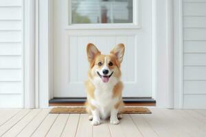 süß Walisisch Corgi Hund Sitzung und warten im Vorderseite von das Tür foto