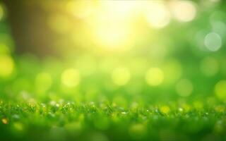 Grün Gras mit Bokeh defokussiert Beleuchtung abstrakt Hintergrund. Natur Konzept. ai generativ foto