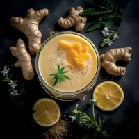 Zitrone und Ingwer Smoothie im ein glas von ein oben Aussicht foto