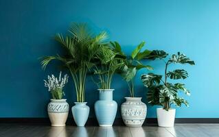 das Innen- eingetopft Pflanzen Dekoration im modern Zimmer mit ein hölzern Fußboden und Blau Mauer. ai generativ foto