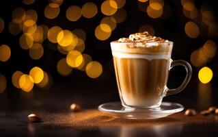 Glas Tasse von Latté mit Zimt und ausgepeitscht Sahne auf ein Platte, verschwommen funkelnd dunkel und Gold Hintergrund mit schön Bokeh, Kaffee Bohnen auf das schwarz hölzern Tisch. ai generativ foto