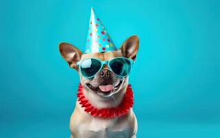 süß Hund im Party Hut und Sonnenbrille Über Blau Hintergrund, komisch Haustier Feiern, bithday Banner, ai generativ foto