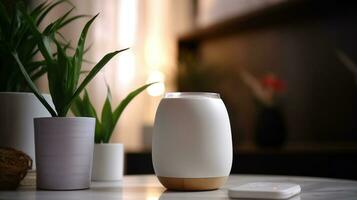 kabellos tragbar Lautsprecher und Vase mit Pflanze Ast auf Tisch. ai generativ foto
