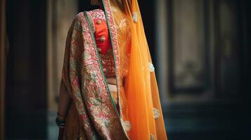 schön dekoriert indisch Braut Kleid, Sanft Fokus, generativ ai foto