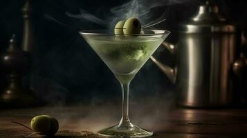 ein Martini Glas ist gefüllt mit klar Wodka und Flüssigkeit Stickstoff, einer detailliert klein Grün Olive ist im das Martini Glas, das Martini Glas ist Sitzung auf ein alt hölzern Tisch. generativ ai foto