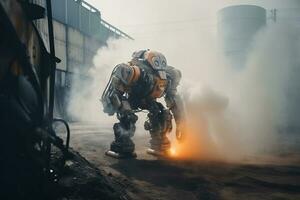 ein Roboter mit ein zerstört Stadt nach das Ende von das Welt. ai generativ. foto