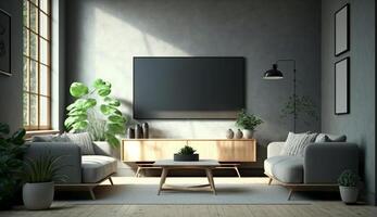 Innere spotten oben Leben Zimmer. Kabinett zum Fernseher oder Platz Objekt im modern Leben Zimmer mit Lampe, Tisch, Blume und Pflanze. ai generativ. foto