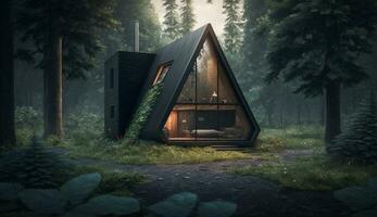 ein gestalten Zimmer und klein Zuhause im Wald, ai generativ. foto