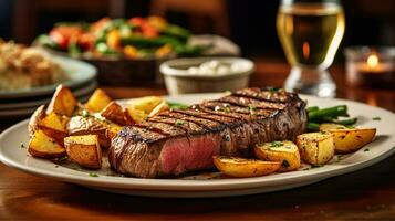 ein lecker Teller von gegrillt Steak, gesund Kartoffeln, und bunt Gemüse, ergänzt durch ein Glas von Bier. generativ ai foto