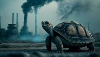 Schildkröte steht Aufpassen ein petrochemisch Raffinerie beim Sonnenaufgang. generativ ai. foto