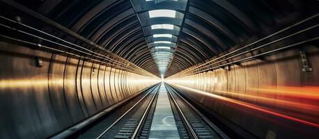 U-Bahn Tunnel mit verschwommen Licht Spuren. generativ ai foto