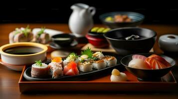 mischen von japanisch Essen auf Restaurant Tisch. generativ ai foto