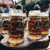 Oktoberfest Bier Glas auf hölzern Tabelle schließen oben Sommer- Feste foto