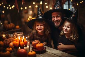 glücklich Familie Vater und Kinder im Kostüme im Feier von Halloween beim heim. generativ ai, illustratin foto