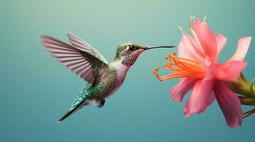 minimalistisch Erfassung von ein Kolibri mitten im Flug nippen Nektar von ein exotisch Blume ai generativ foto