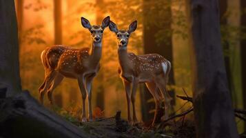 Gelassenheit beim Sonnenuntergang - - majestätisch Hirsch und Damhirschkuh im das Wälder, generativ ai foto