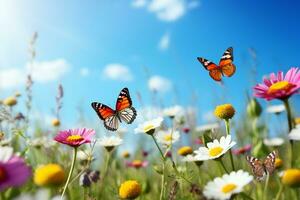 Gruppe von Schmetterlinge flattern Über ein Wiese von Wildblumen unter ein wolkenlos Blau Himmel ai generativ foto