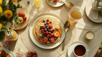 einladend gemeinschaftlich Frühstück Einstellung, fotografiert von über, leuchten das Freude von Teilen Mahlzeiten im das Morgen Licht ai generativ foto