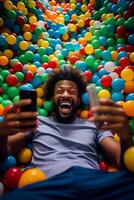 Freude entfesselt - - Mann jongliert Arbeit Anrufe im kindlich Ball Grube abspielen ai generativ foto