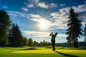 ein mitten im Schwung Golfspieler Silhouette gegen ein beschwingt Grün Golf Kurs unter ein klar Blau Himmel ai generativ foto