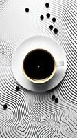 Antenne Aussicht von dämpfen Kaffee Tasse auf geometrisch gemustert Oberfläche mit reichlich Kopieren Raum ai generativ foto