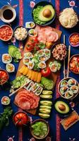 ein International Fest von über, ein vereinigend Verbreitung von Sushi, Pasta, und Tacos auf ein beschwingt Tischdecke ai generativ foto