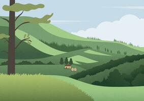 ein alt Bauernhof im das Mitte von rollen Grün Berge. Dort sind Bäume im das Vordergrund. Illustration Hintergrund Design foto