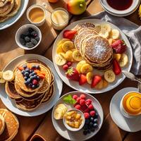 einladend gemeinschaftlich Frühstück Einstellung, fotografiert von über, leuchten das Freude von Teilen Mahlzeiten im das Morgen Licht ai generativ foto