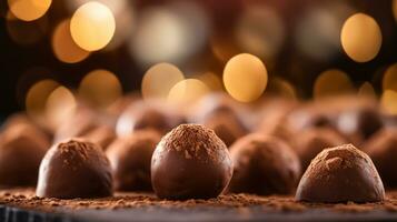 luxuriös Milch Schokolade Trüffel auf hell poliert Oberfläche mit Bokeh bewirken ai generativ foto