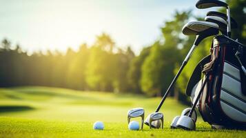 perfekt Sommer- Tag beim das Golf Kurs mit Scharf Landschaft Einzelheiten und verträumt Silhouette ai generativ foto