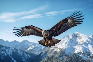 majestätisch Adler hochfliegend über ein makellos, schneebedeckt Berg Angebot unter ein Blau Himmel ai generativ foto