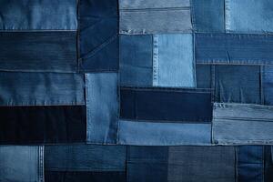 kreativ Patchwork von Denim Texturen im verschiedene Schatten von Blau, Ideal zum jugendzentriert Mode Anzeige ai generativ foto