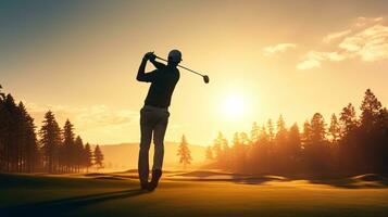 sonnendurchflutet Ambiente mit ein Golfspieler Schatten Dehnen auf das Kurs akzentuierend Eleganz ai generativ foto