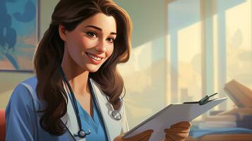 weiblich Arzt mit Zwischenablage reden zu lächelnd Frau geduldig diskutieren etwas beim Krankenhaus. Medizin und Gesundheitswesen Konzepte. generativ ai foto