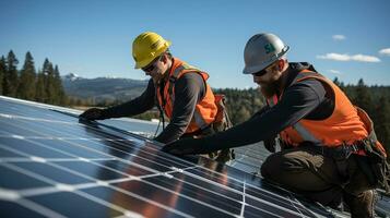 Techniker Installation Solar- Paneele auf ein Dach, Rahmen oben Photovoltaik Solar- Panel System, nachhaltig Energie Zuhause Konzept. generativ ai foto