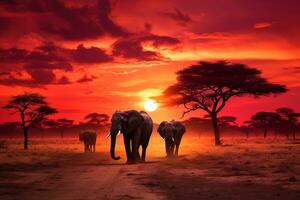 atemberaubend afrikanisch Safari Szene beim Sonnenuntergang mit Elefanten, Giraffen, und Zebras unter ein feurig Himmel ai generativ foto