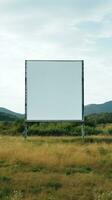 ländlich Ruhe mit ein leer Plakatwand Rahmen gegen rollen Hügel, ungenutzt Werbung Potenzial ai generativ foto