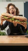 Jonglieren Sandwich und Tabellenkalkulationen - - Frau humorvoll Arbeitsessen Balance ai generativ foto