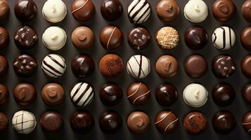Sortiment von vielfältig Schokolade Bonbons gegen lumineszierend neutral Hintergrund ai generativ foto