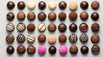 Sortiment von vielfältig Schokolade Bonbons gegen lumineszierend neutral Hintergrund ai generativ foto