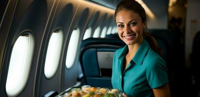 Stewardess ist bringen Essen zu Passagiere foto