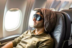 Mann ist Schlafen im das Flugzeug im Schlaf Maske foto