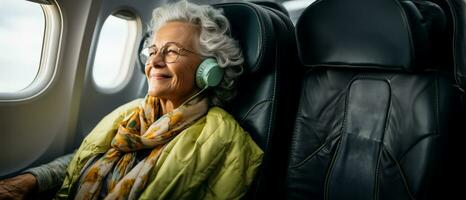 alt Frau Reisen durch Flugzeug foto