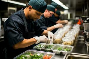 hinter das Szenen aussehen beim Fluggesellschaft Gastronomie Anlagen wo Köche und Küche Mitarbeiter bereiten und Paket Mahlzeiten zum Passagiere foto