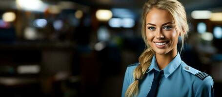 Stewardess lächelt im Vorderseite von das Flugzeug foto