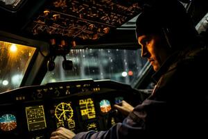 Innerhalb das Cockpit das Pilot fachmännisch navigiert das Flugzeug durch Ändern Wetter Bedingungen foto