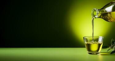 Hand Gießen organisch Olive Öl in ein Glas Flasche isoliert auf ein Grün Gradient Hintergrund foto